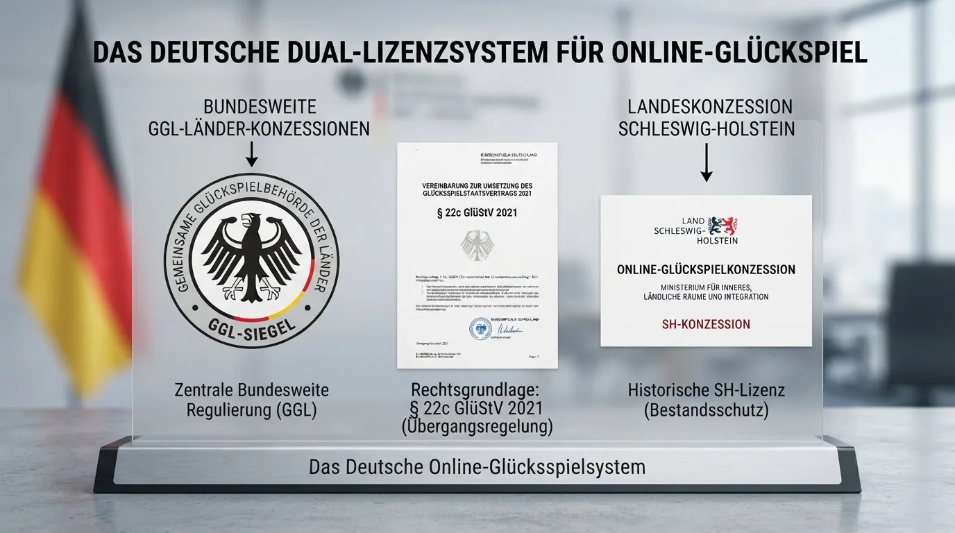 GGL-Siegel und Schleswig-Holstein-Wappen nebeneinander, darunter ein Dokument mit „§ 22c GlüStV 2021“