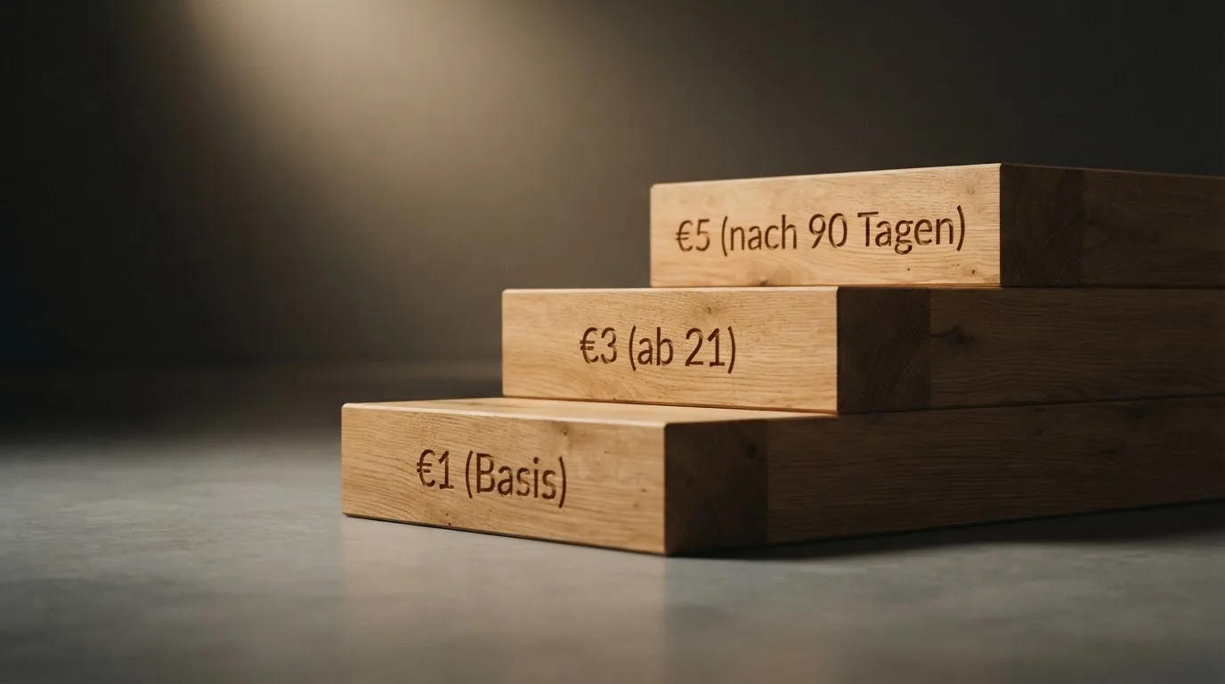Drei Einsatzstufen als aufsteigende Treppe visualisiert: €1 Basis, €3 ab 21, €5 nach 90 Tagen