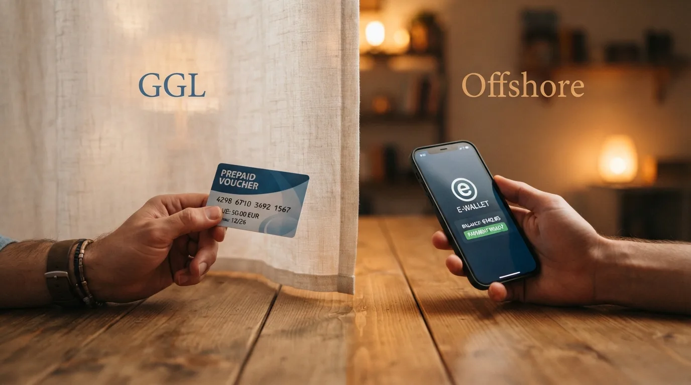 Paysafecard- und PayPal-Logos nebeneinander, getrennt durch einen stilisierten Vorhang mit „GGL" und „Offshore"