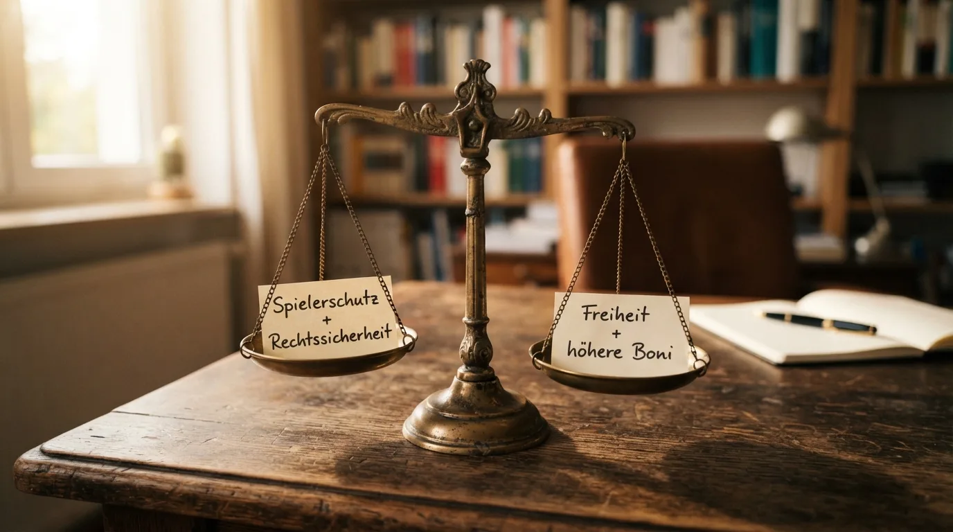 Waage: linke Schale „Spielerschutz + Rechtssicherheit", rechte Schale „Freiheit + höhere Boni"