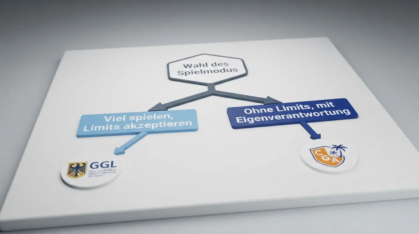 Entscheidungsbaum: zwei Pfade – „Viel spielen, Limits akzeptieren“ und „Ohne Limits, mit Eigenverantwortung“