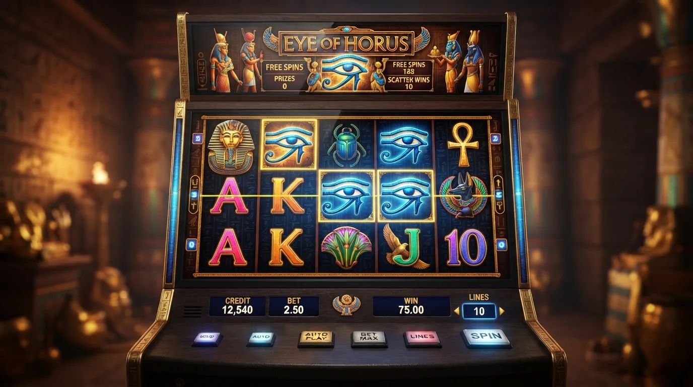 Eye of Horus Slot mit Spielfeld, expandierenden Symbolen und Gewinntabelle