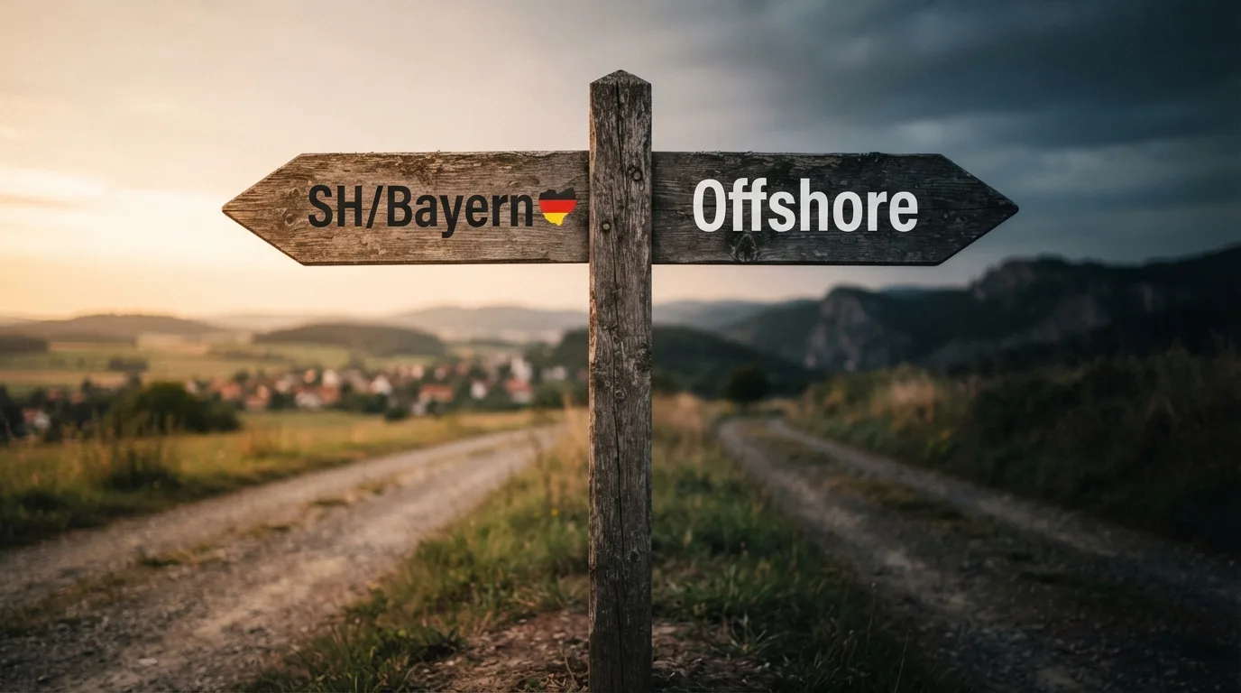 Ein Wegweiser mit zwei Schildern – links „SH/Bayern“, rechts „Offshore“ – ohne Operator-Logo, als visuelle Entscheidungshilfe