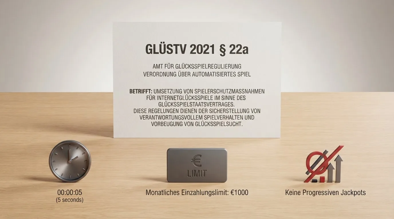 Dokument mit dem Titel „GlüStV 2021 § 22a", umrahmt von Icons für Uhr, Einsatzlimit und durchgestrichenen Jackpot