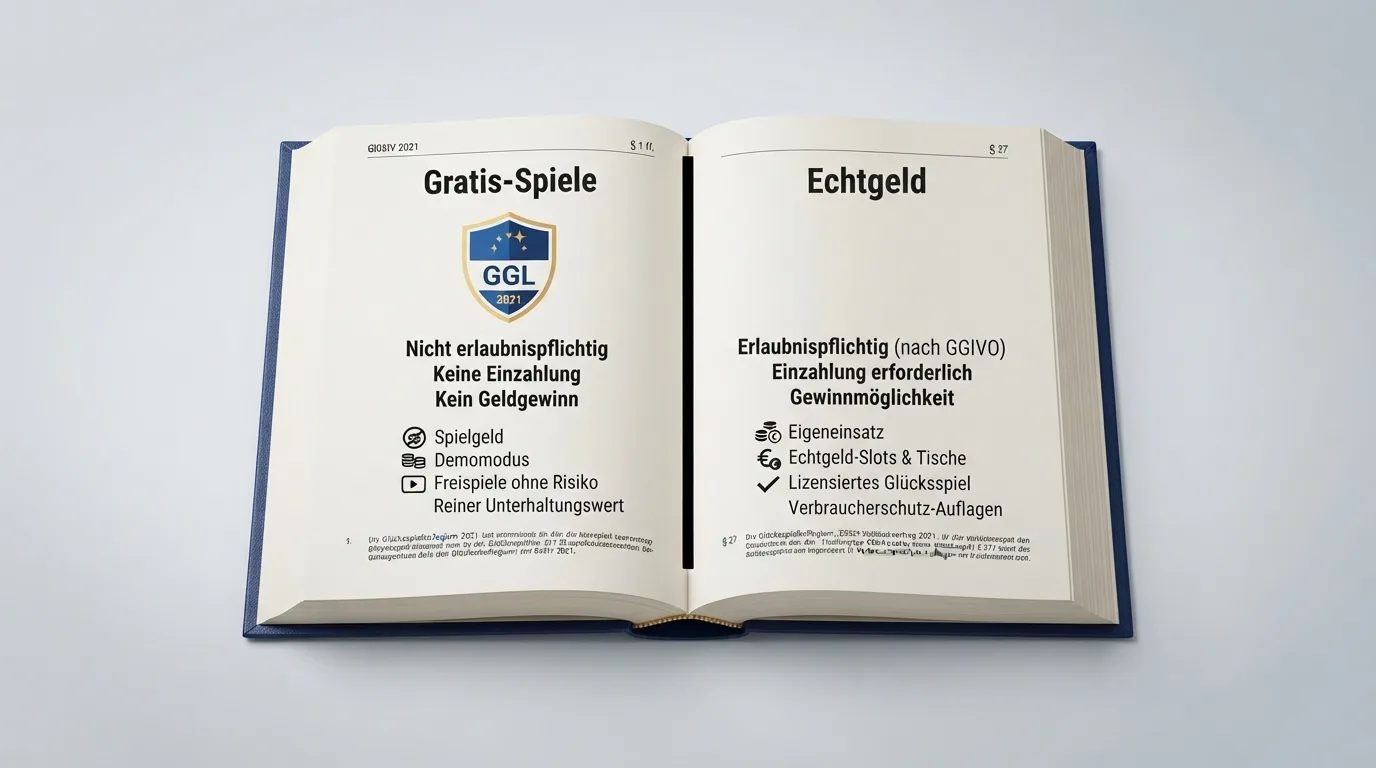 GGL-Logo vor stilisiertem GlüStV-Hintergrund mit Trennlinie zwischen Gratis und Echtgeld