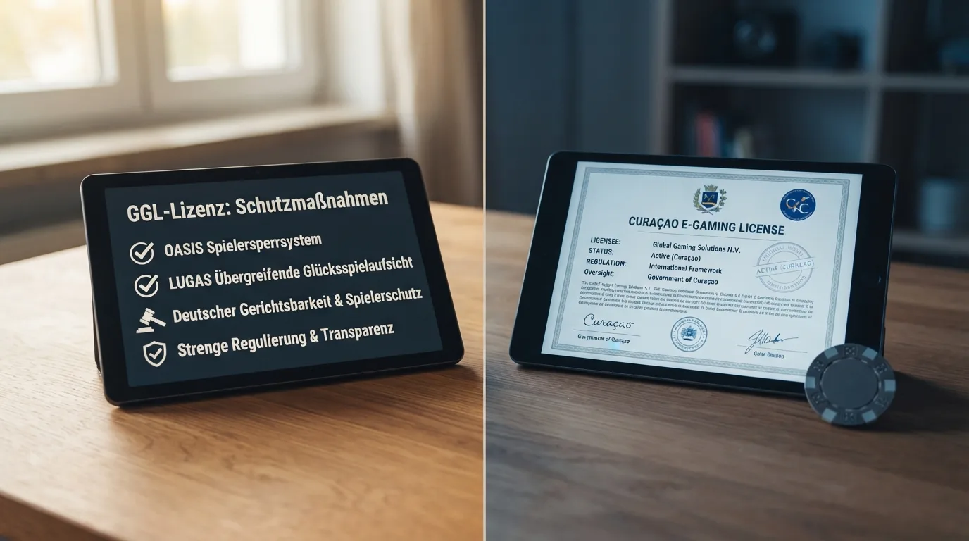 Vergleichsgrafik: GGL-Lizenz mit Häkchen bei OASIS, KYC, Rechtsschutz und Einsatzlimit – Curaçao-Lizenz mit Häkchen nur bei Krypto, sonst Kreuzchen
