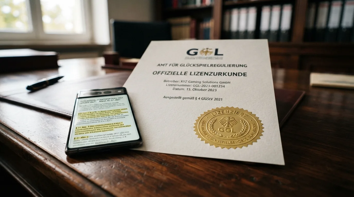GGL-Lizenzsiegel neben dem GlüStV-Gesetzestext und einem Ampel-Symbol für erlaubte Zahlungsmethoden