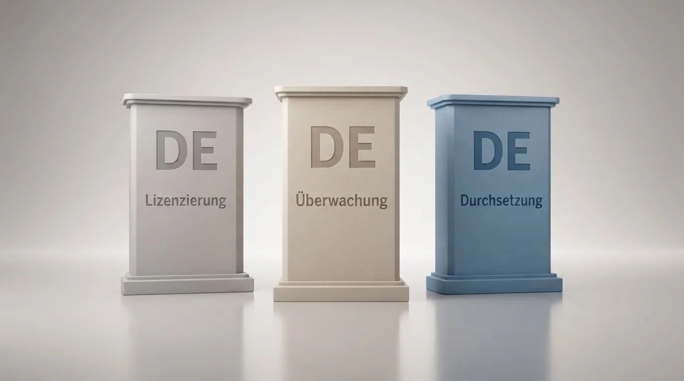 Schaubild der GGL mit ihren drei Aufgabenbereichen Lizenzierung, Überwachung und Durchsetzung als Säulen