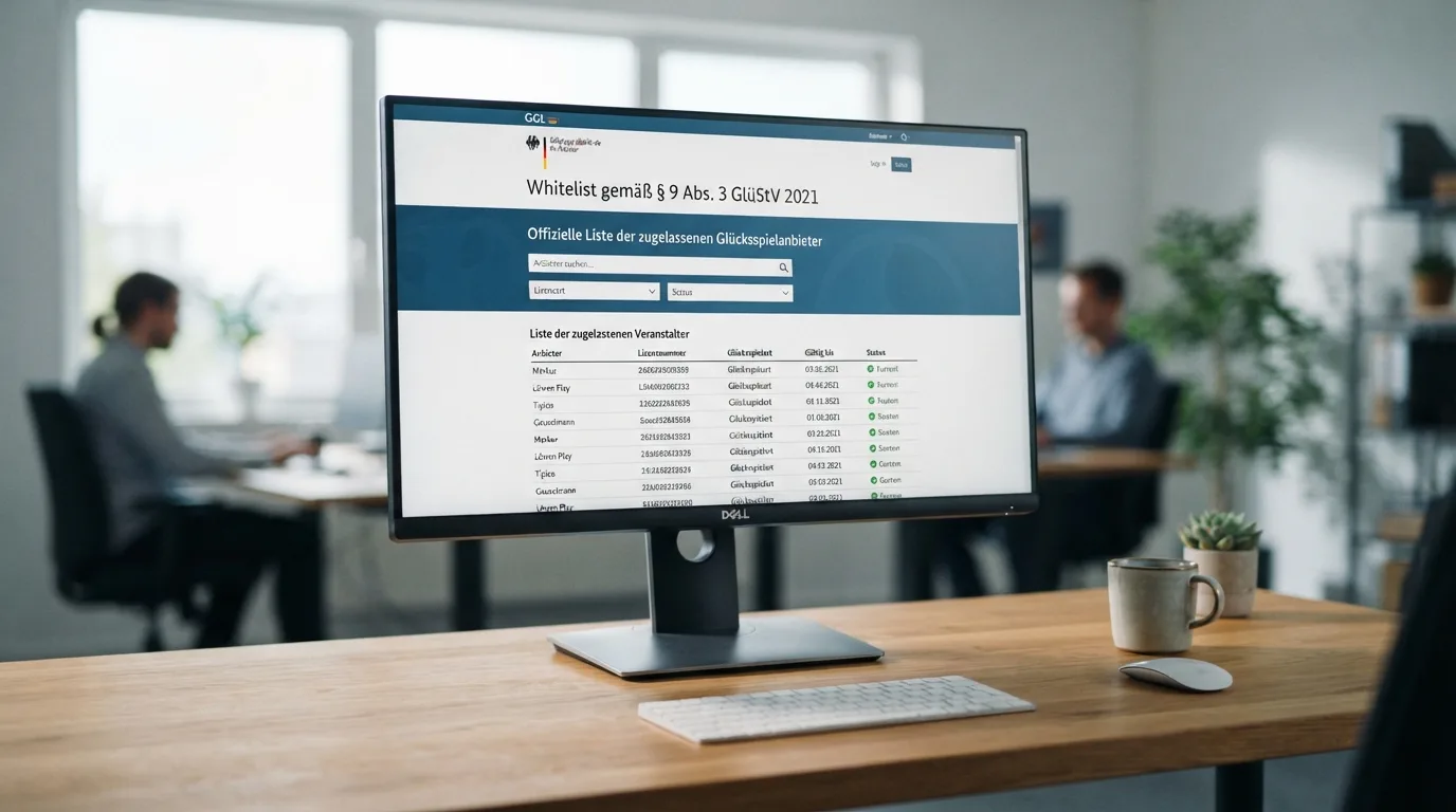 Screenshot-artige Darstellung der GGL-Whitelist-Website mit hervorgehobenem Suchfeld und Anbieterliste