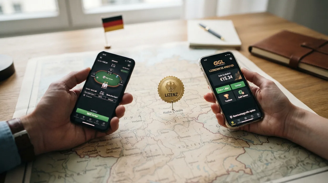 Deutschlandkarte mit GGL-Standort Halle und den zwei lizenzierten Poker-Anbietern