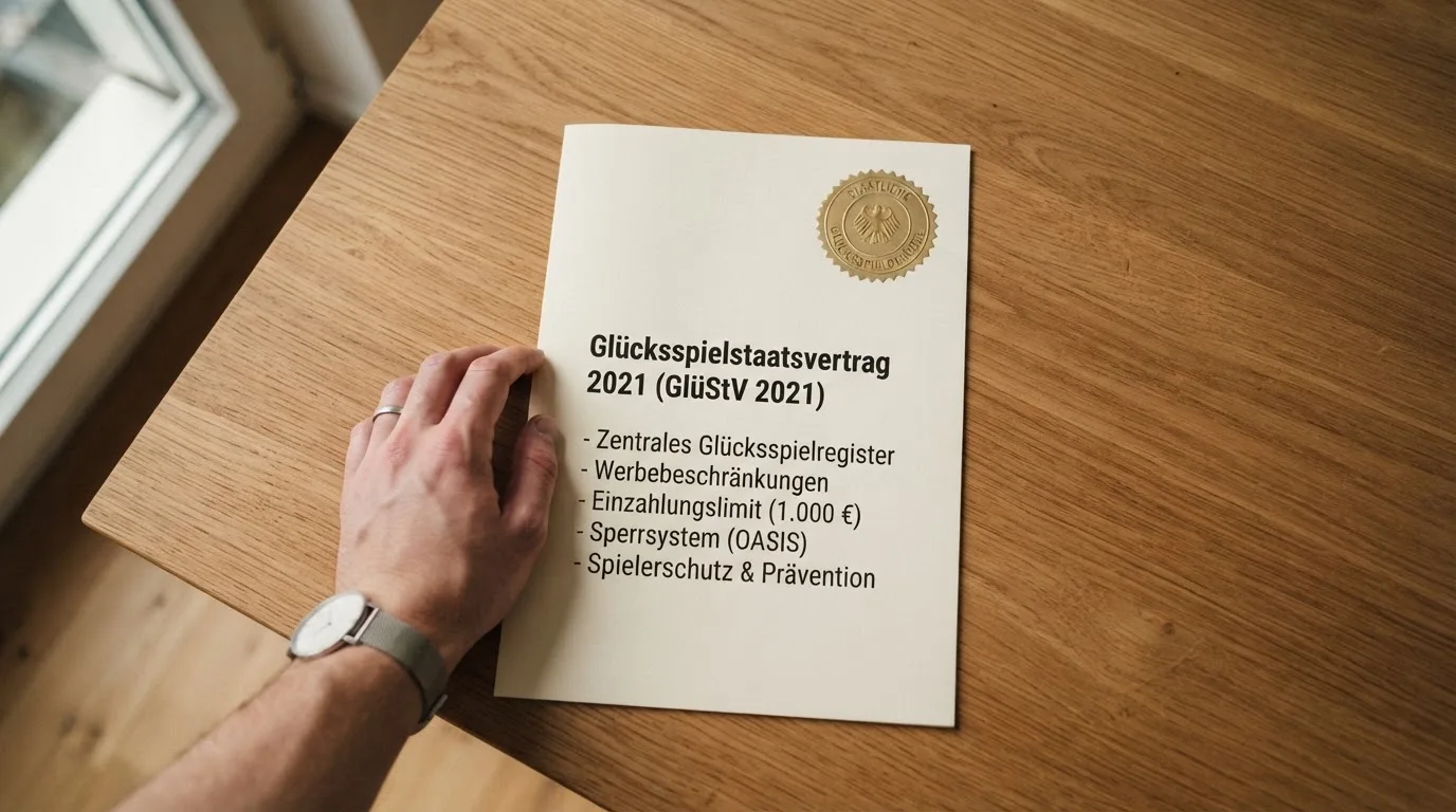 Schematische Übersicht des GlüStV 2021 mit den wichtigsten Paragrafen und Limits