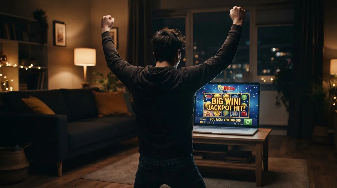 Symbolbild eines Jackpot-Gewinners mit eingeblendeter Rekordsumme