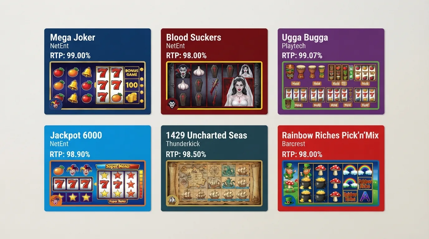 Die sechs Hoch-RTP-Slots als Kachel-Übersicht mit RTP-Prozentangabe je Titel