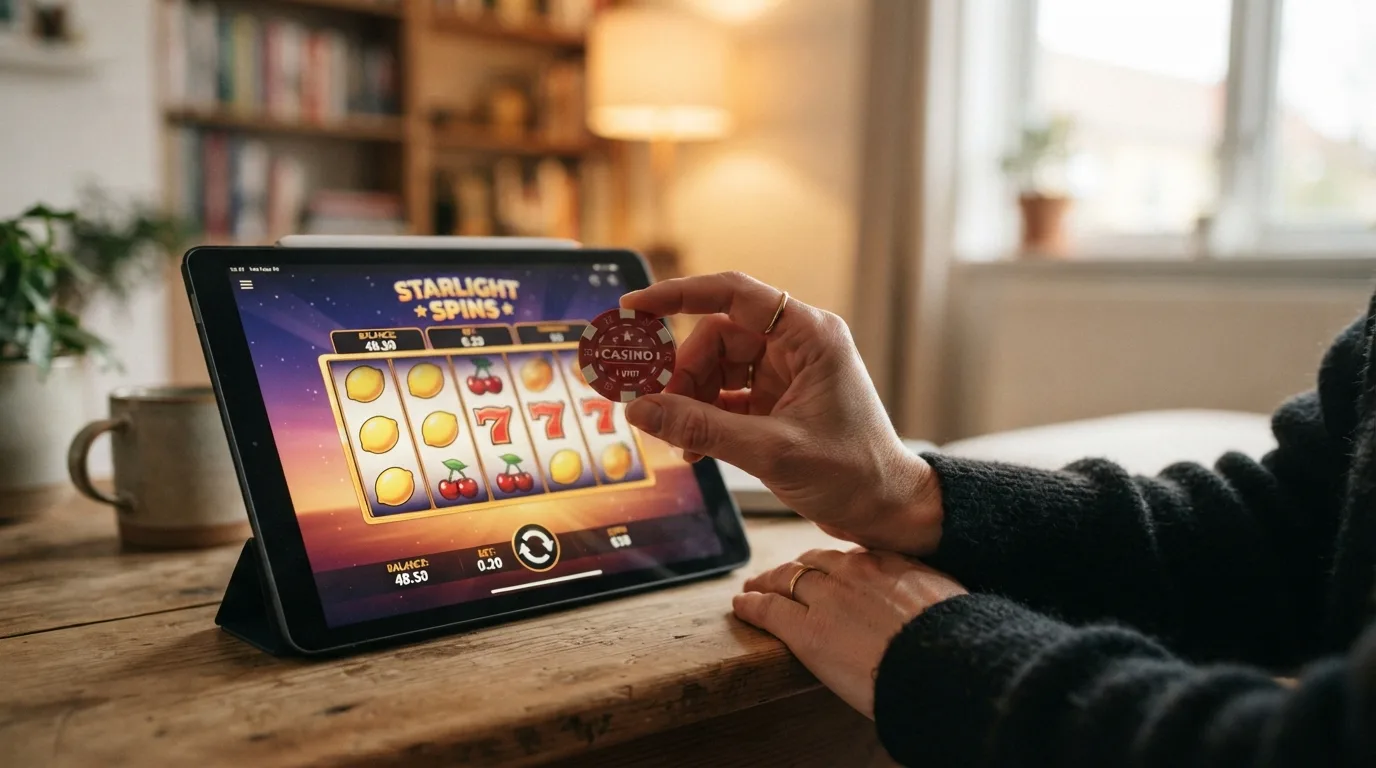 Hand mit wenigen Euro-Münzen vor einem Tablet mit geöffneter lizenzierter Online-Spielothek
