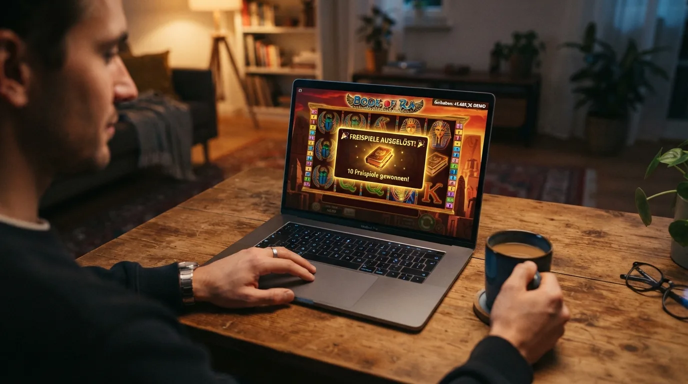 Demo-Ansicht des Slots mit Spielgeld-Anzeige und Freispiel-Auslösung