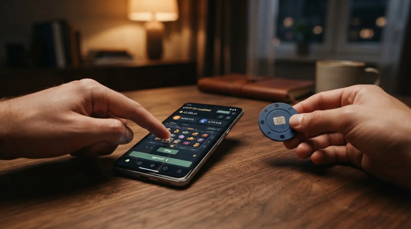Bitcoin-Wallet auf Smartphone neben Casino-Interface mit Krypto-Einzahlungsoptionen