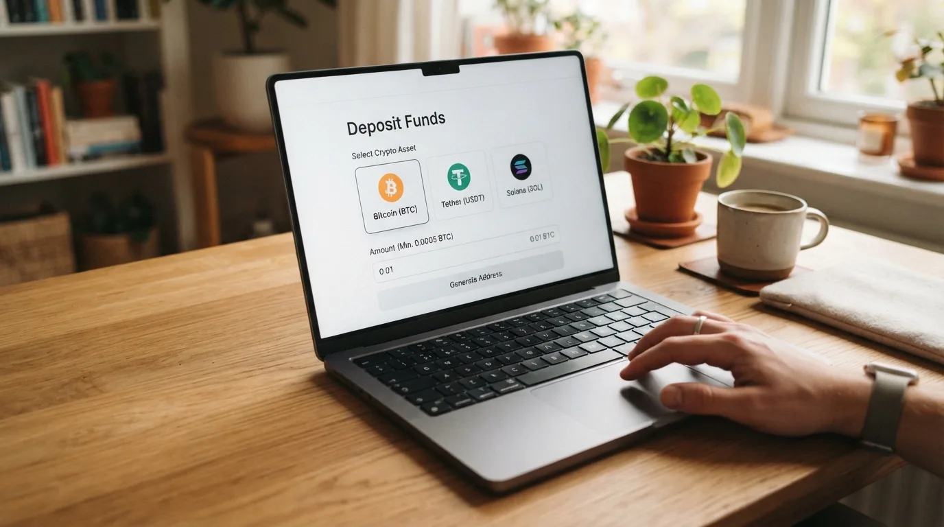 Einzahlungsbildschirm eines Crash-Casinos mit Krypto-Optionen Bitcoin, Ethereum, USDT