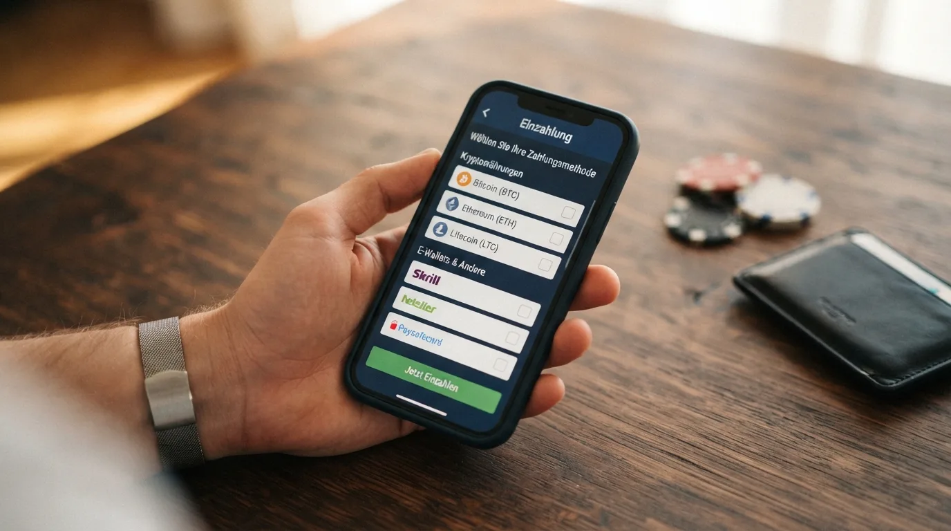 Krypto-Wallets und -Symbole (BTC, ETH, USDT) neben traditionellen Zahlungsmethoden (PayPal, Visa)