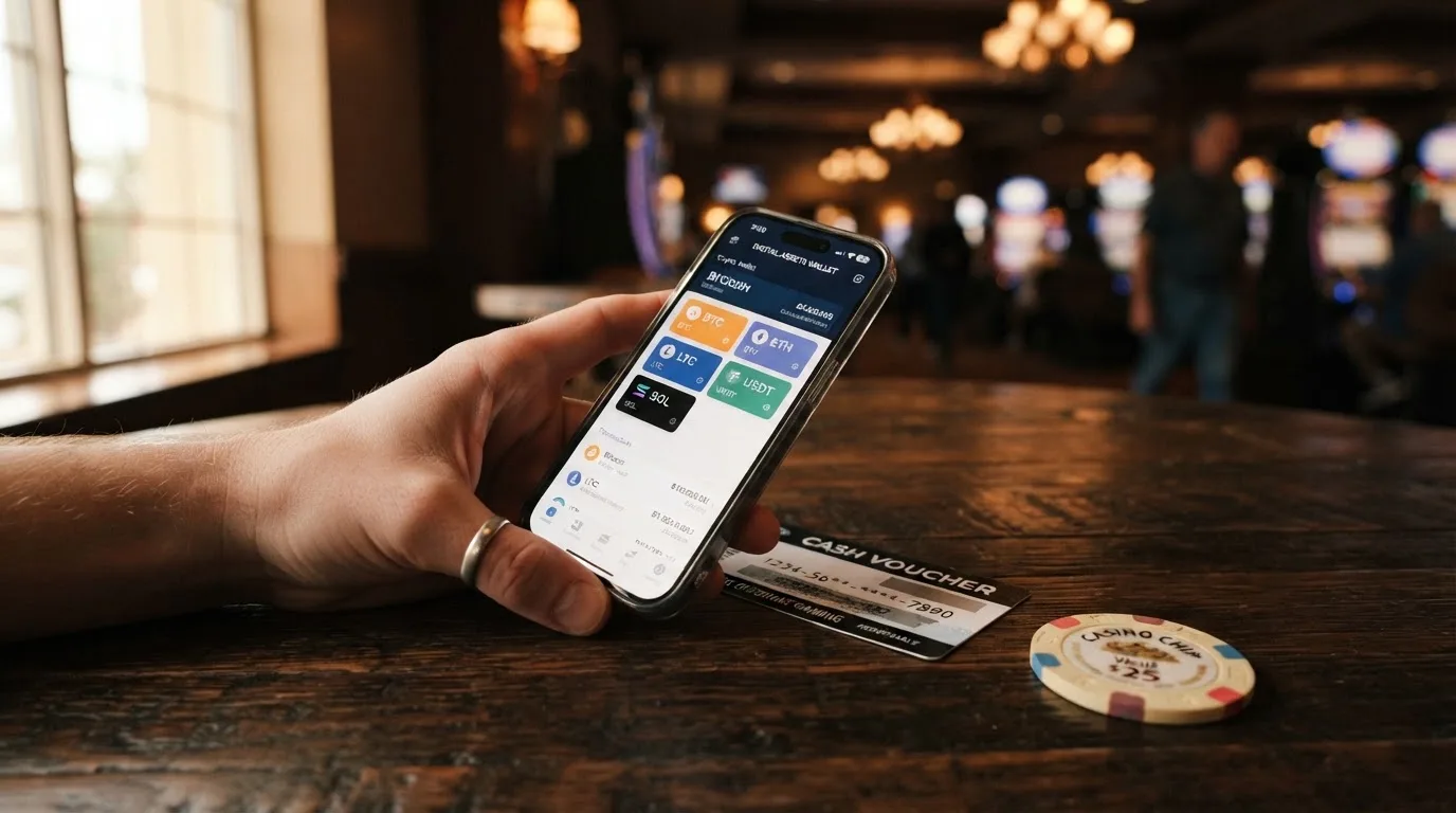 Krypto-Wallet und paysafecard-PIN nebeneinander, zeigt Zahlungsvielfalt in Offshore-Casinos