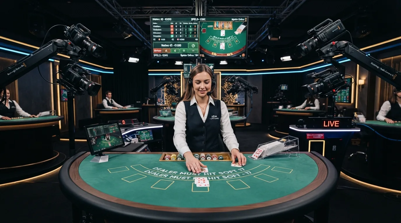 Blick in ein Live-Casino-Studio mit Multi-Kamera-Aufbau, Dealer am Tisch, Monitore mit Wettoptionen