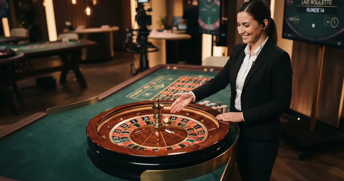 Live-Roulette-Tisch mit deutschsprachigem Croupier im Casino-Studio vor einem europäischen Kessel