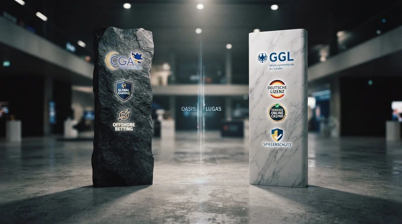 Zwei Säulen mit Offshore-CGA-Logos links und GGL-Siegeln rechts, dazwischen OASIS/LUGAS