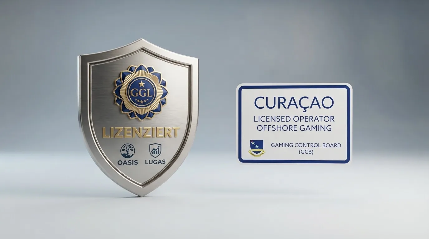 Vergleich GGL-Lizenz und Offshore: Links OASIS- und LUGAS-Icons, rechts Curaçao-Label