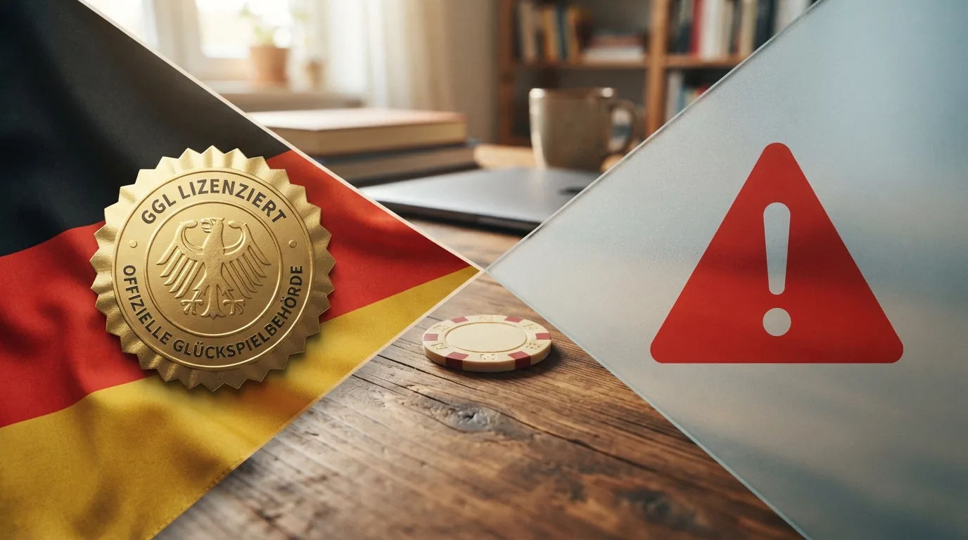 Zwei Säulen: links GGL-Siegel mit Deutschland-Flagge, rechts Offshore-Warnsymbol