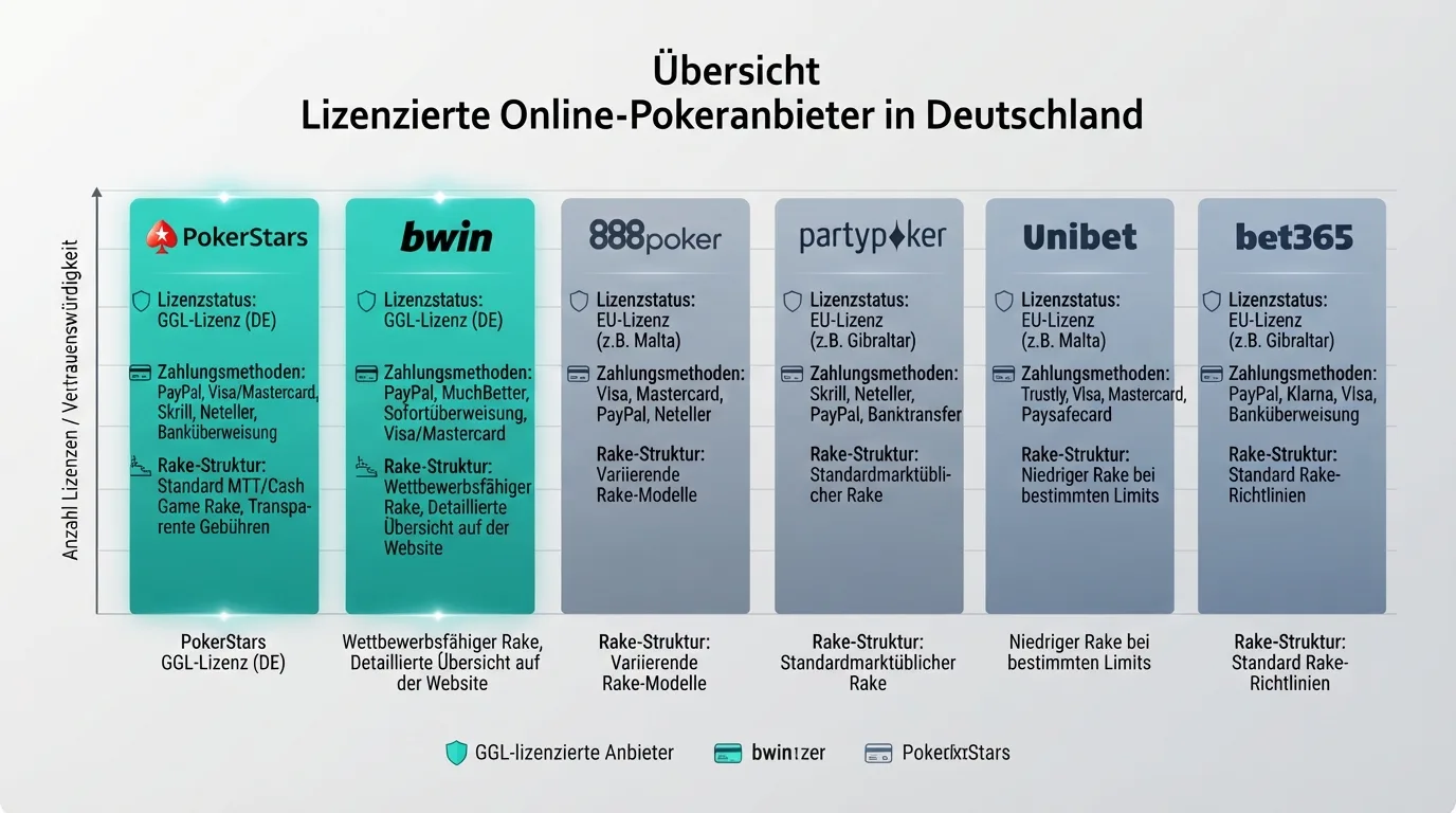 Vergleichstabelle der zehn Online-Poker-Anbieter mit farbiger Kennzeichnung des Lizenzstatus