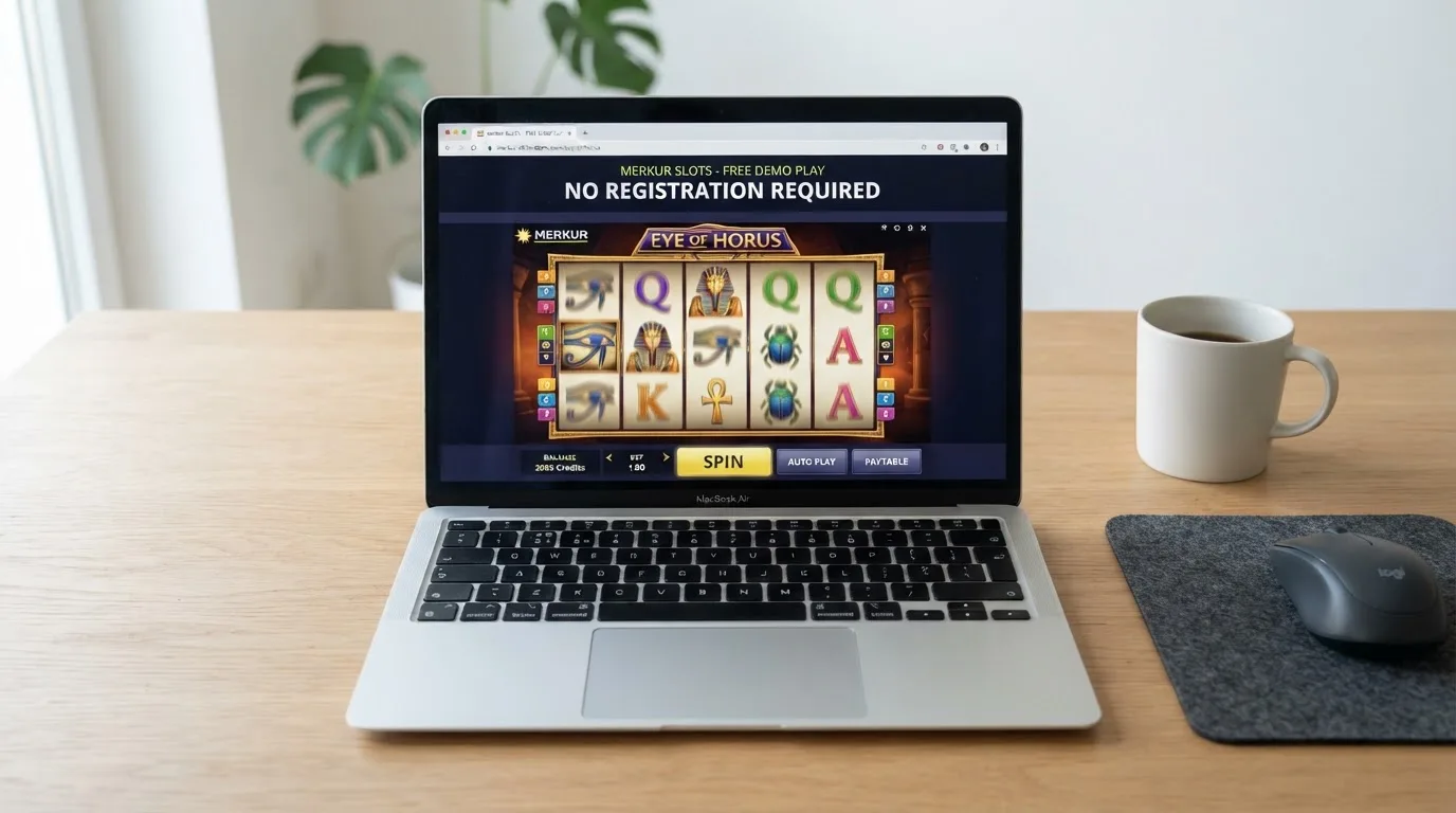 Browser-Fenster mit einem Merkur-Slot im kostenlosen Demo-Modus und einem Hinweis „Keine Anmeldung nötig“