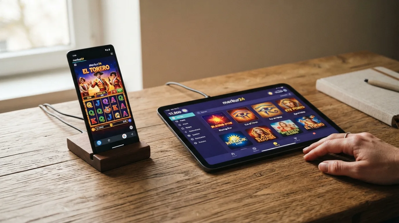 Smartphone-Display mit einem laufenden Merkur-Slot, daneben ein Tablet mit der Merkur24-App-Ansicht