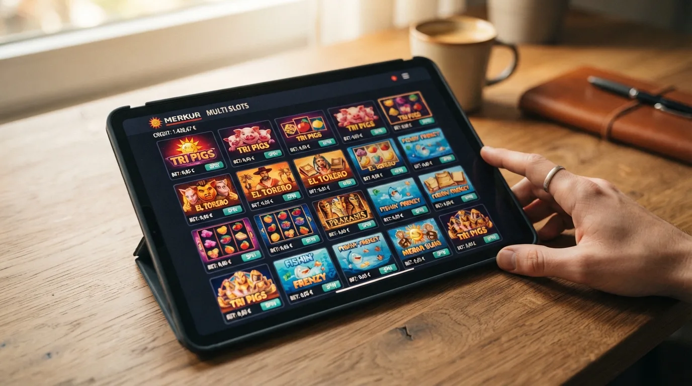 Screenshot der Merkur-Multi-Slots-Oberfläche mit 20 parallelen Runden à 0,05 €