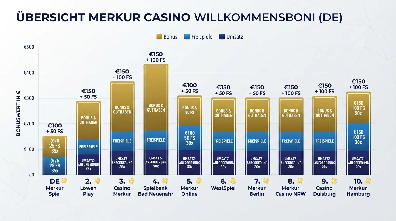Bonus-Übersicht mit den Konditionen der zehn Merkur Casinos grafisch aufbereitet
