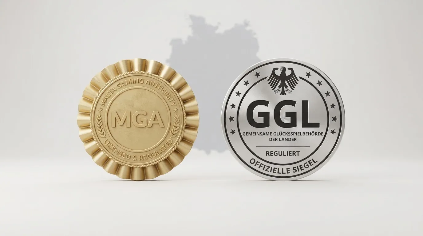 Nebeneinanderstellung der beiden Regulierungslogos MGA und GGL mit Deutschlandkarte als Hintergrund