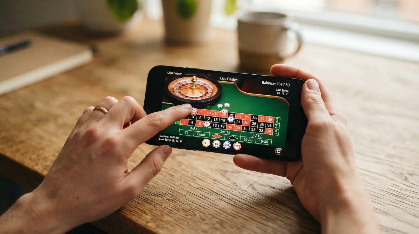 Live-Roulette auf einem Smartphone mit Wettfeld und laufendem Kessel im Querformat