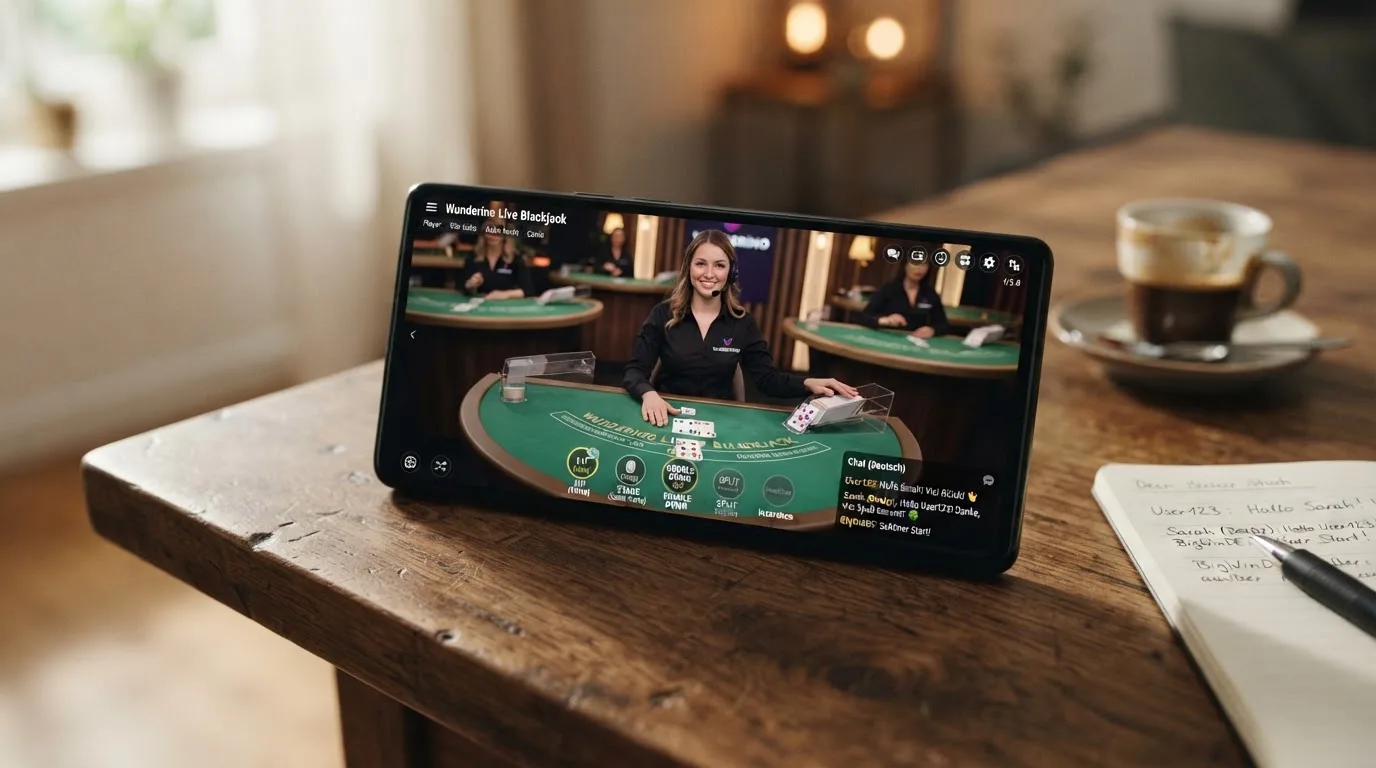 Smartphone im Querformat mit Live-Blackjack-Tisch, Wett-Interface und Chat-Fenster sichtbar
