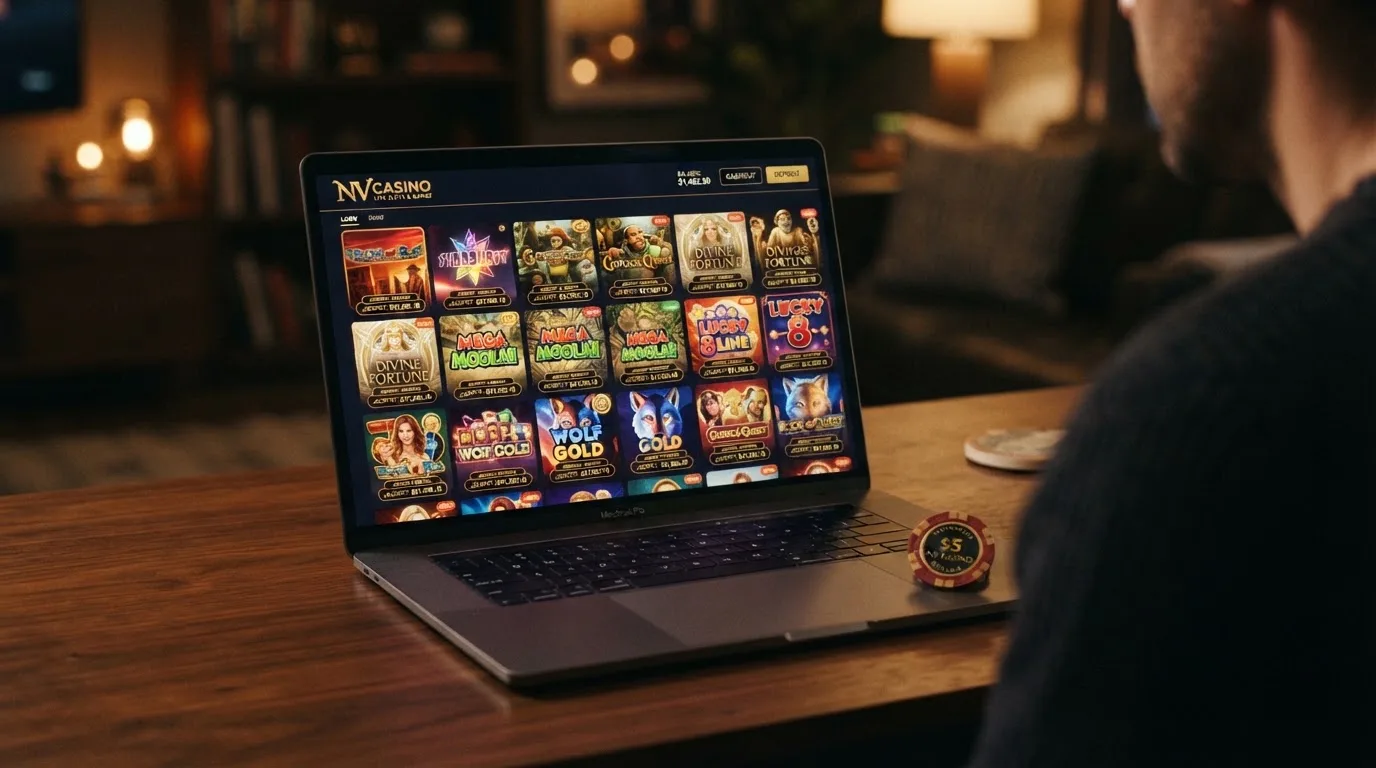 Screenshot der Slot-Lobby von NV Casino mit bunten Spielkacheln