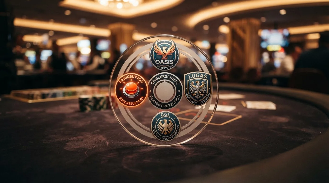 OASIS-Logo, LUGAS-Schild, GGL-Siegel und ein Panikbutton-Icon auf einer Schutztafel