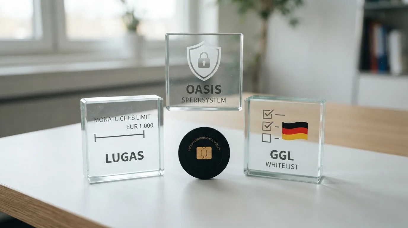 Dreistufiges Schutznetz: OASIS als Sperrsystem, LUGAS als Limitdatei und Aktivitätsdatei, GGL-Whitelist als Erlaubnis – darunter Offshore ohne Netz