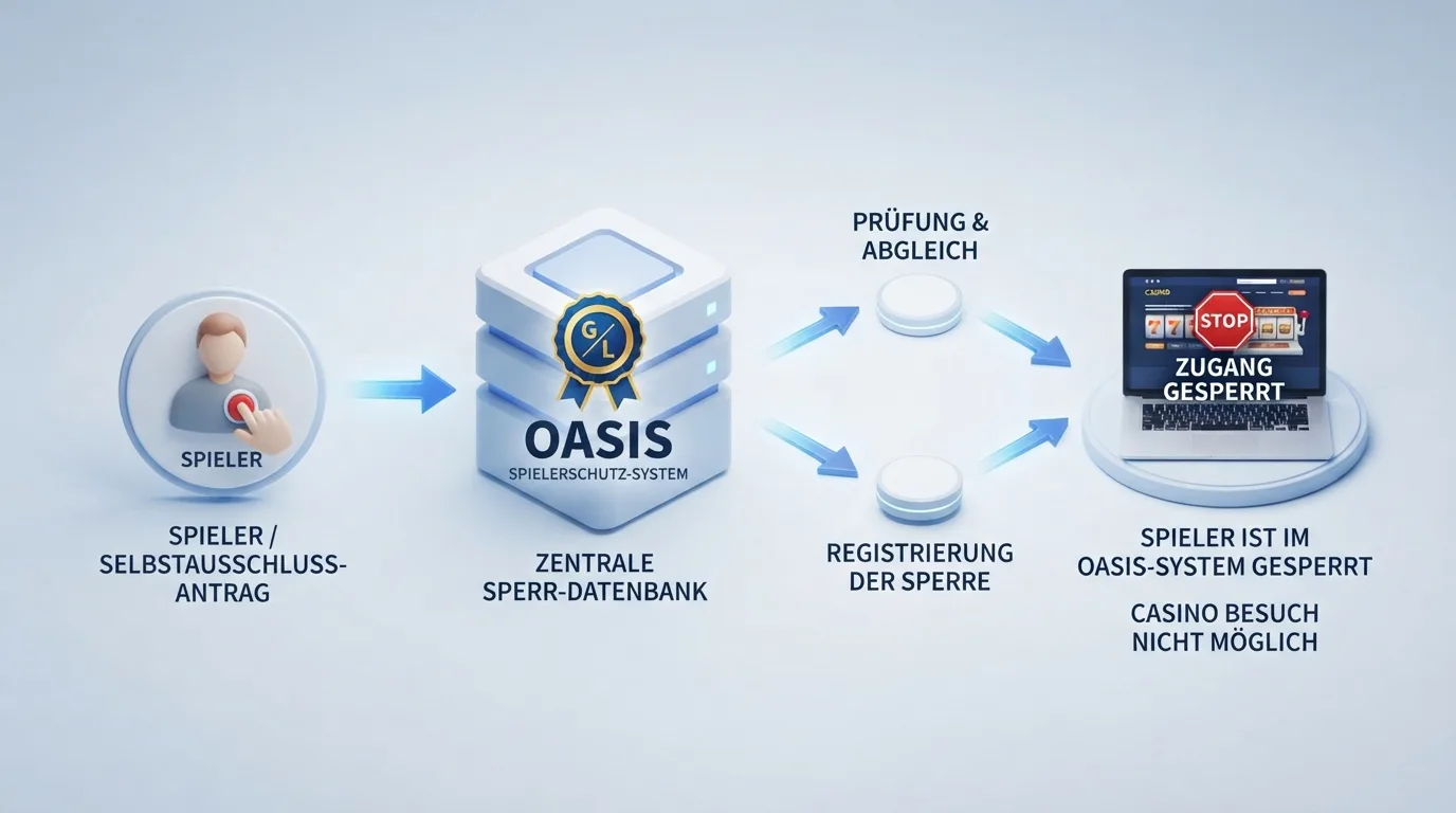 Schaubild zum OASIS-Spielersperrsystem: Abfrageprozess und Zuständigkeiten