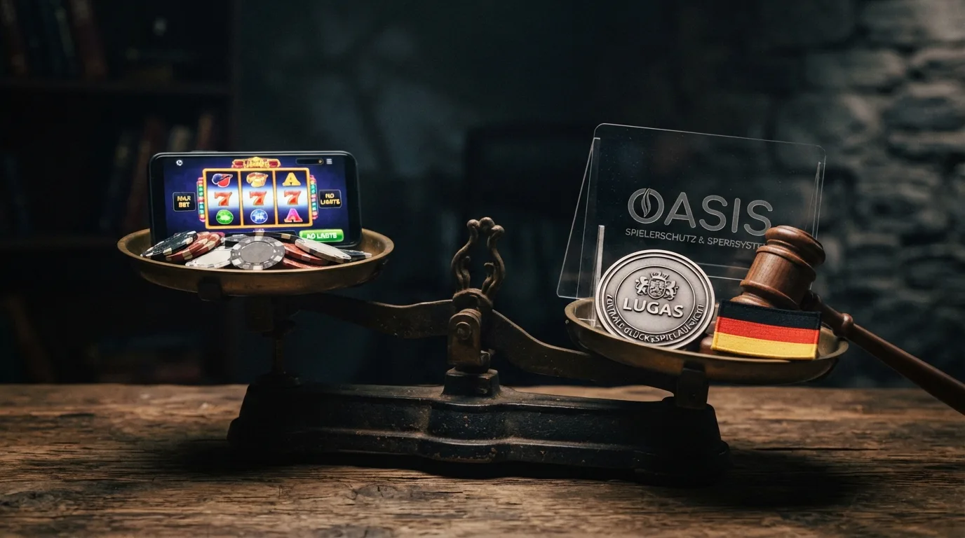 Waage: links „Höheres Limit + breiterer Katalog“, rechts schwerer mit OASIS, LUGAS, Rechtsweg, Panikbutton, GGL-Beschwerde