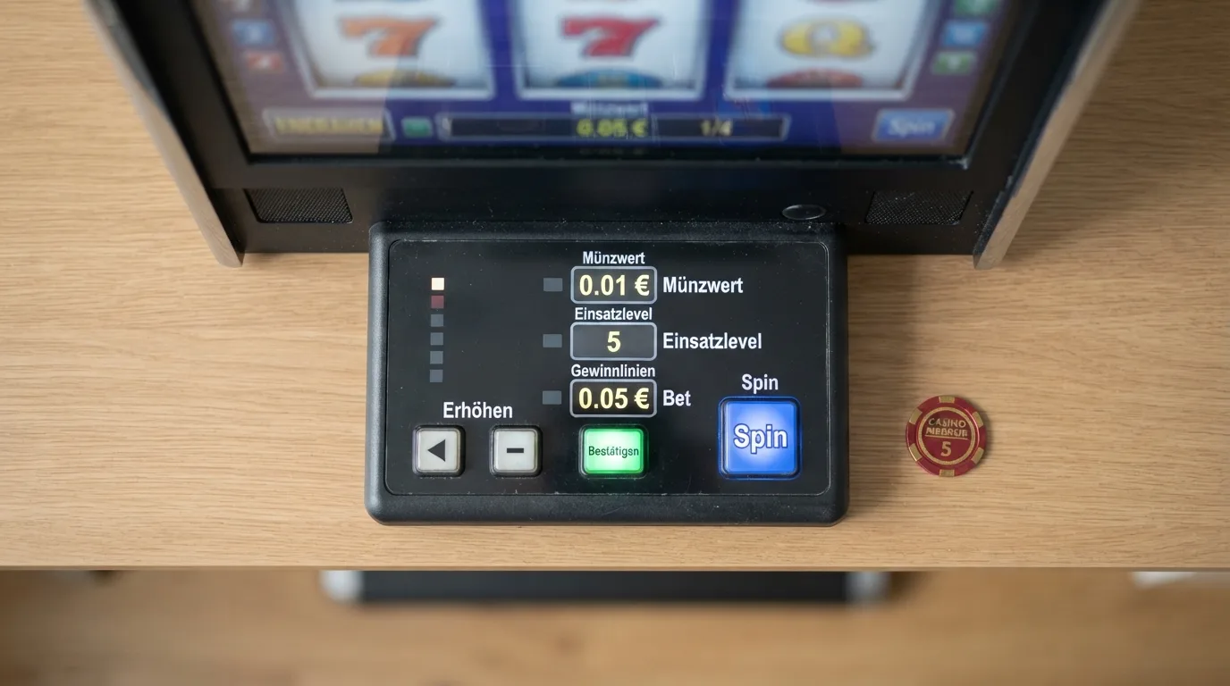 Die Einsatz-Taste eines Spielautomaten in Nahaufnahme mit erklärenden Annotationen
