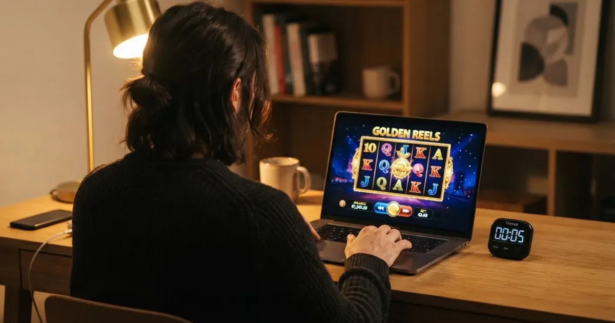 Spieler vor einem Laptop mit Casino-Slot und einer Stoppuhr als Symbol für die Spielpause