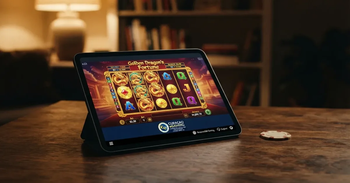 Curacao-Casino-Oberfläche mit Spielauswahl und Lizenzsiegel im Footer