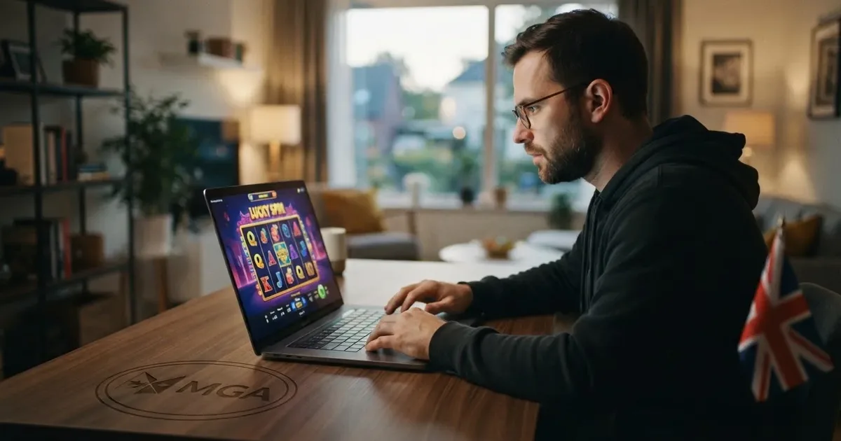 Spielerin vor Laptop mit Casino-Vergleich – GGL-Logo und Curaçao-Flagge als Gegenpole