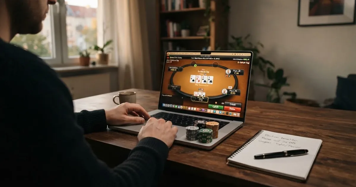 Laptop zeigt geöffnetes Online-Poker-Casino mit deutscher Benutzeroberfläche und Spieltisch