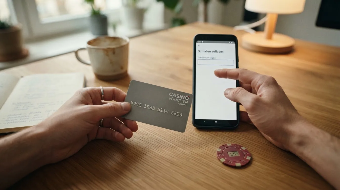 Eine Paysafecard-Guthabenkarte neben der Einzahlungsmaske eines Online-Casinos