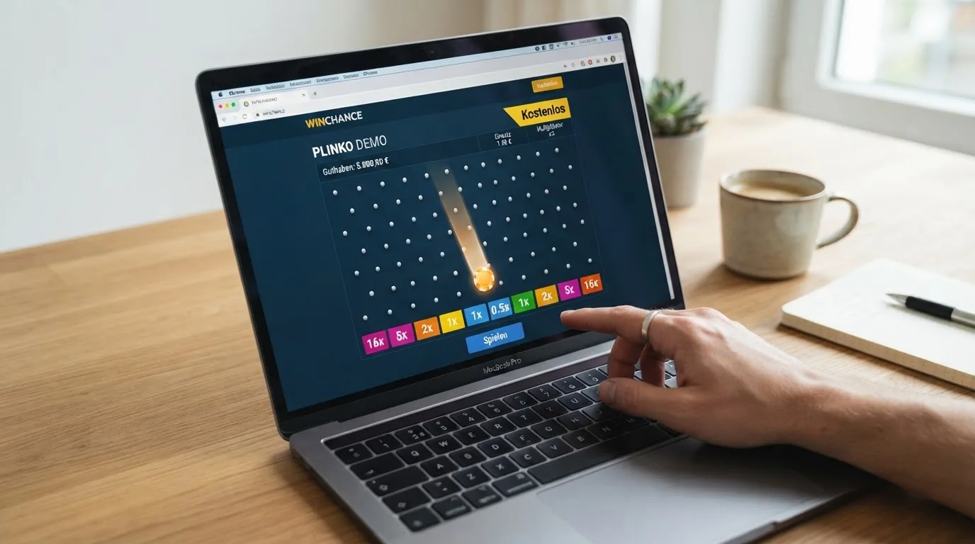 Bildschirmfoto eines Plinko-Demo-Modus mit Spielgeld-Anzeige und markiertem „Kostenlos“-Hinweis