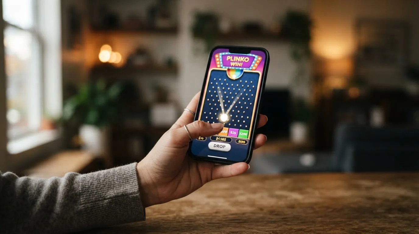 Smartphone in einer Hand mit laufendem Plinko-Spiel auf dem Display, Daumen über dem Abwurfpunkt