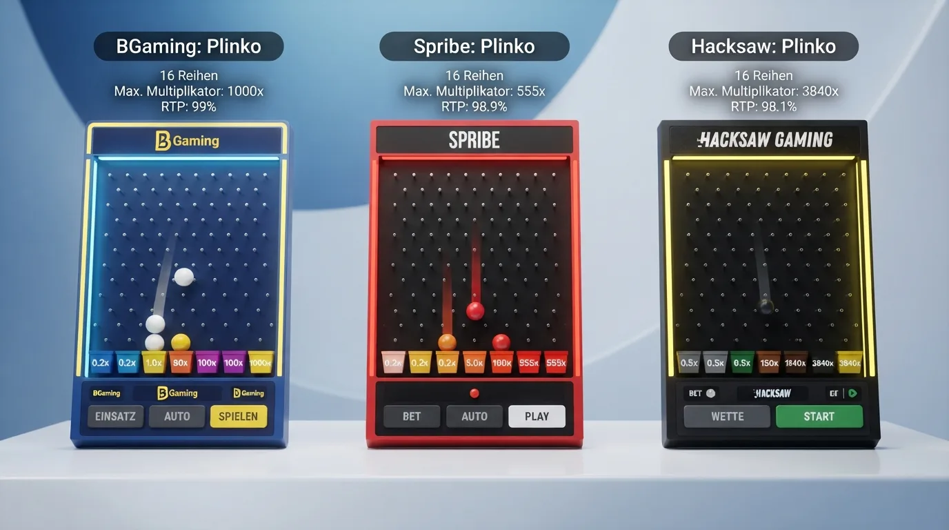 Drei Plinko-Varianten (BGaming, Spribe, Hacksaw) nebeneinander mit sichtbaren RTP-Werten